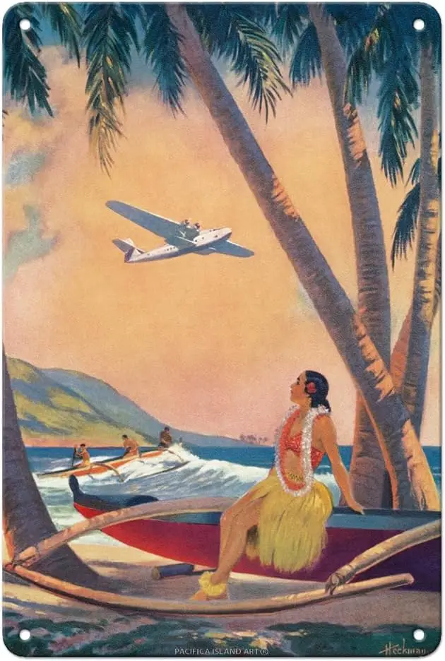 Where Romance Meets Progress - Hawaiian Hula Girl - Outrigger Canoe (Wa’a) - Vintage Pin Up Girl Print by Frederick Heckman sign