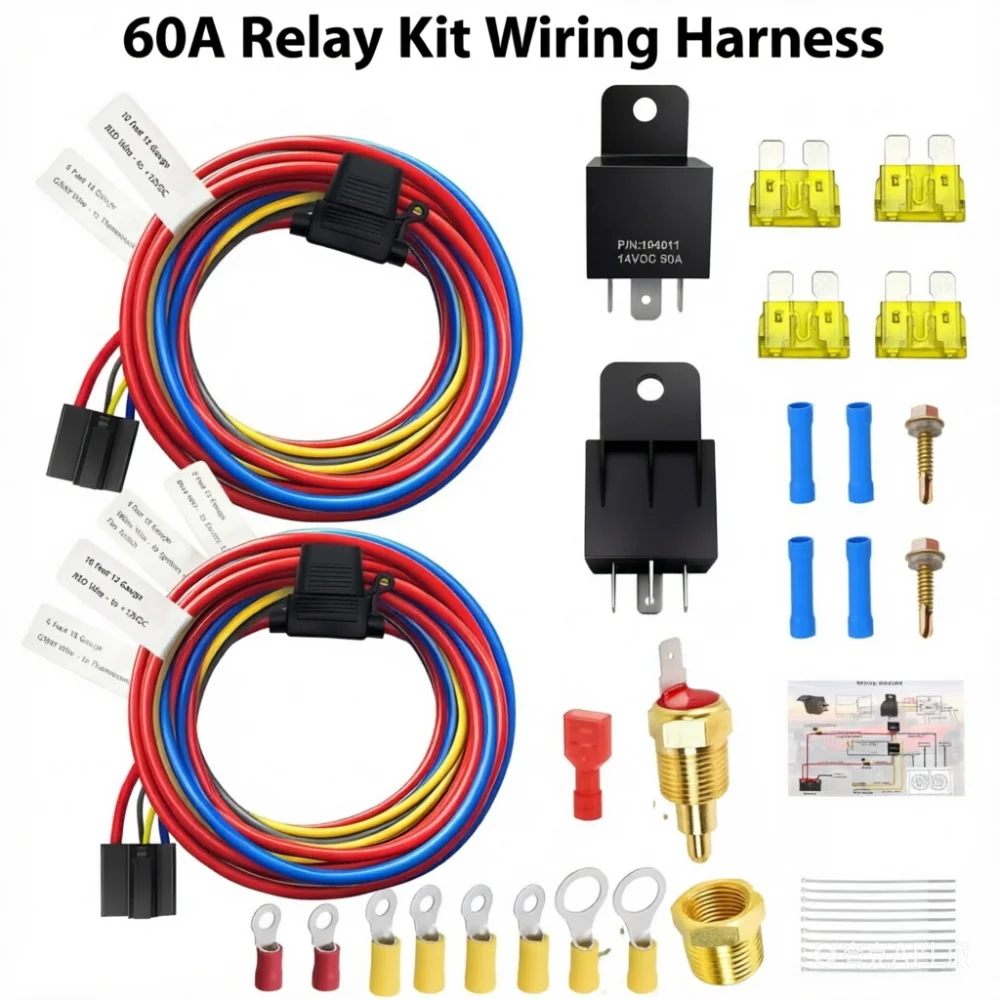 Dual electric cooling fan relay kit, C60 heat dissipation thermostat kit, 12V car relay harness