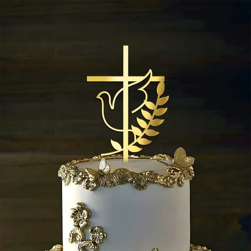 2024 NEW Cross Cake Topper Gold Acrylic Baptism Christening Communion Cake Decoration (L 10*14.8cm)