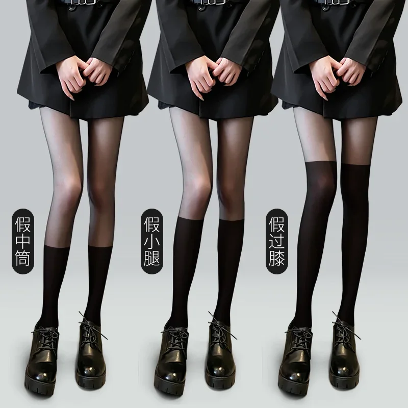 Medias de Mujer Sexys con Parches Transparentes Negras hasta el Muslo, Medias Falsas que Adelgazan las Piernas, Medias a Rayas por Encima de la Rodilla, Pantimedias Femeninas