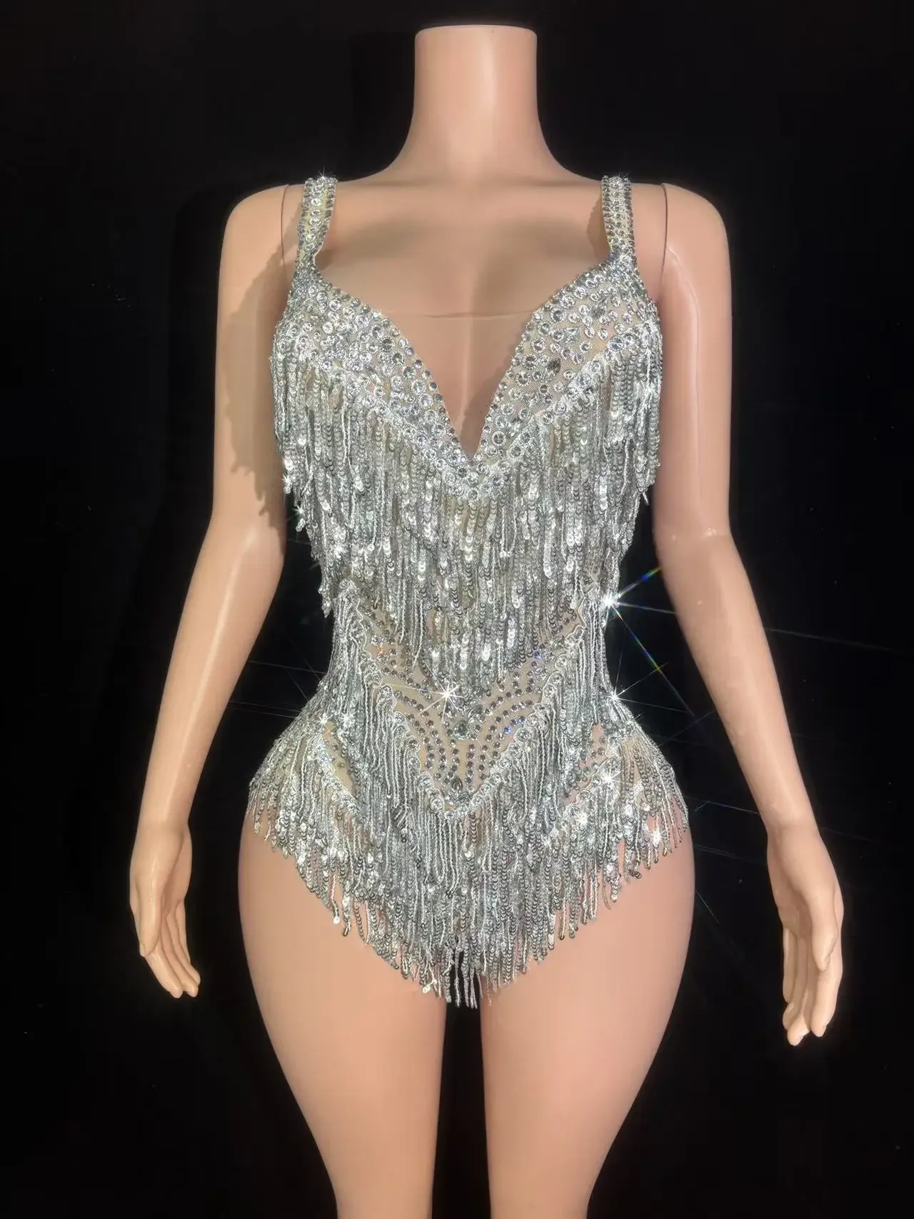 Body à franges et strass scintillants pour femmes, Sexy, transparent, Costume de danse, chanteur, danseuse, scène