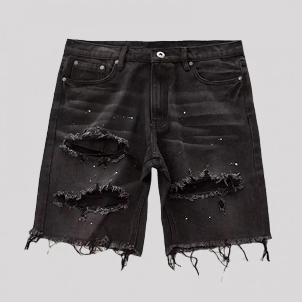 Men Summer Distressed Denim Shorts Button Zipper Fly Multi Pockets Short Jeans Straight Fit Ripped Holes Knee Length Distressed