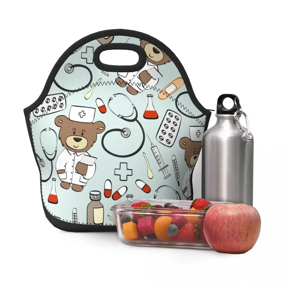 Nurse Pattern With Bear Neoprene Insulated Lunch Bag for Women Health Care Nursing Cooler Thermal Lunch Box Office Picnic Travel