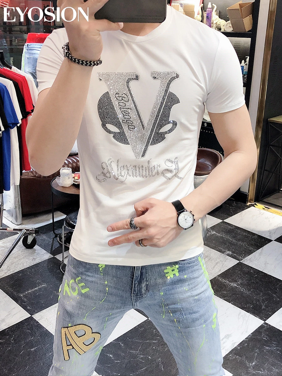 Summer Mens Luxury Diamond T-Shirts Designer Rhinestone Short Sleeve Slim Crew Neck Casual Shirts Tee Combed Cotton, S-5XL