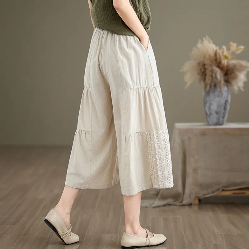 Women Casual Wide Leg Pants New Arrival 2024 Summer Vintage Style Patchwork Lace Loose Female Calf-length Casual Pants B3751