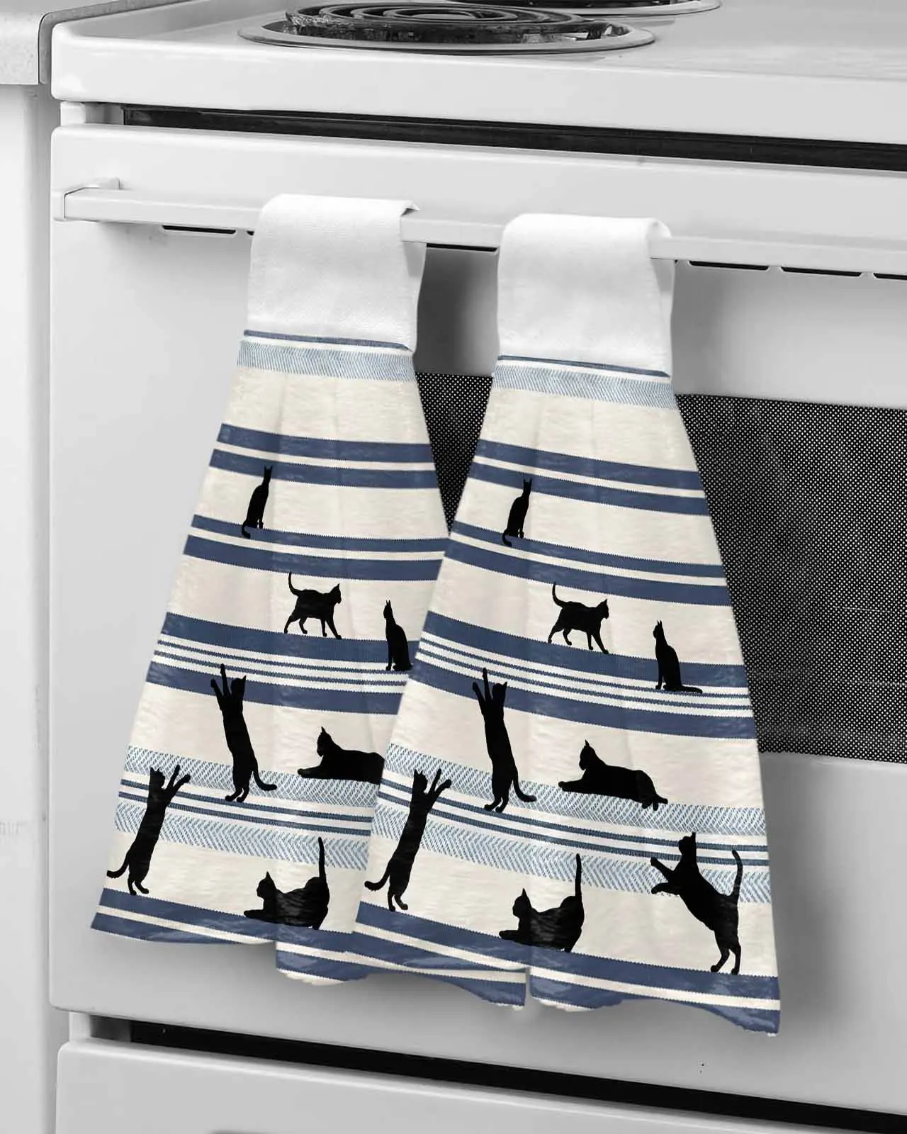 

Cat Bule Herringbone Stripe Wipe Hand Towel Absorbent Hanging Towels Home Kitchen Wipe Dishcloths
