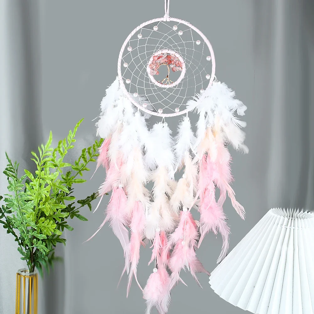 

Girl Dream Catcher Feather Hanging Decoration Crystal Stone Tree of Life Braided Wind Chimes Living Room Wall Decoration Pendant