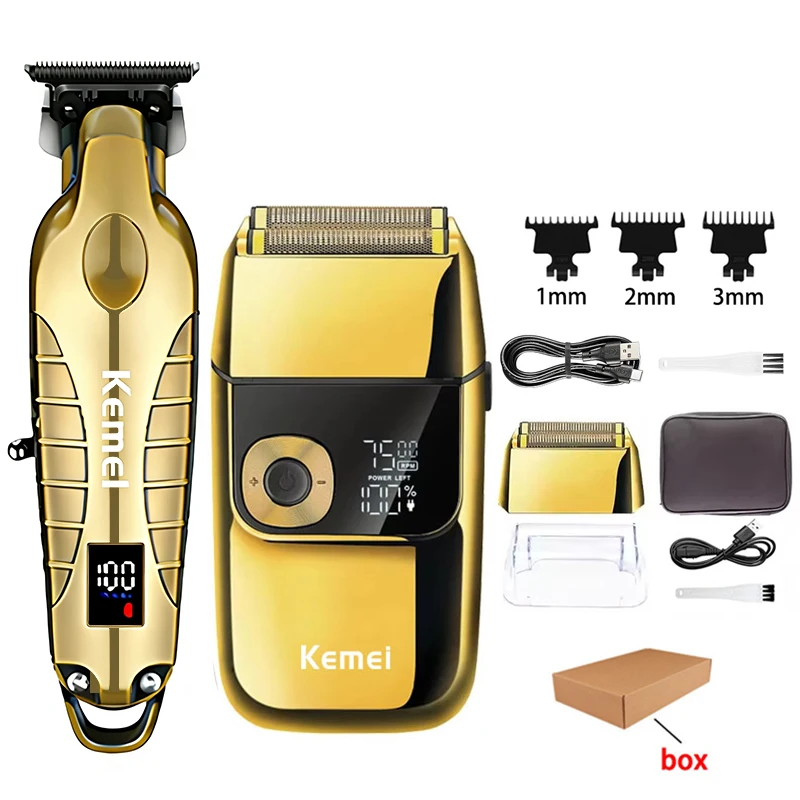 Kemei Oplaadbare Elektrische Haarkapper Professionele Barbiertrimmer Voor Mannen Draadloze Scheerapparaat KM-2293 KM-2028 Gouden Set