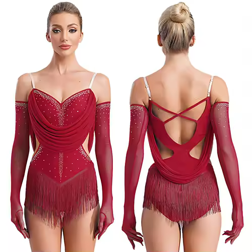 Womens Tassel Latin Dance Leotard Dress Rhinestone Fringed Bodysuit+Gloves Outfits for Tango Cha-Cha Salsa Skating Performance - Image 10