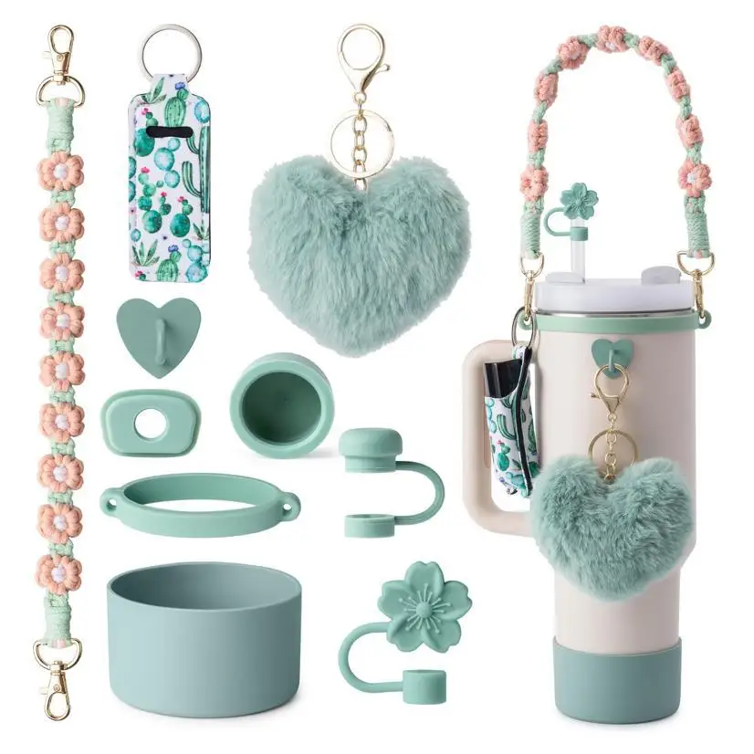 Resin Straw Cap Set for Stanley Bottle with Silicone Handle Strap Boot Lipstick Holder And Cute Keychain - Multi-Use Stanley Acc