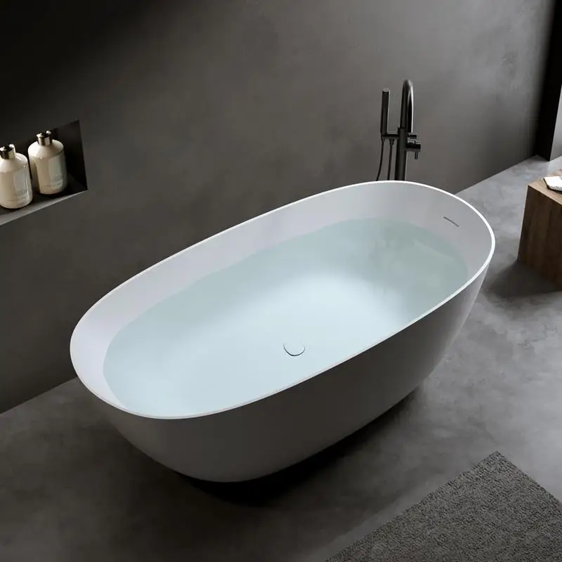 

65" Freestanding Soaking Bathtub Solid Surface with Overflow & Pop-up Drain in White - Modern Resin Stone Design for Luxurious