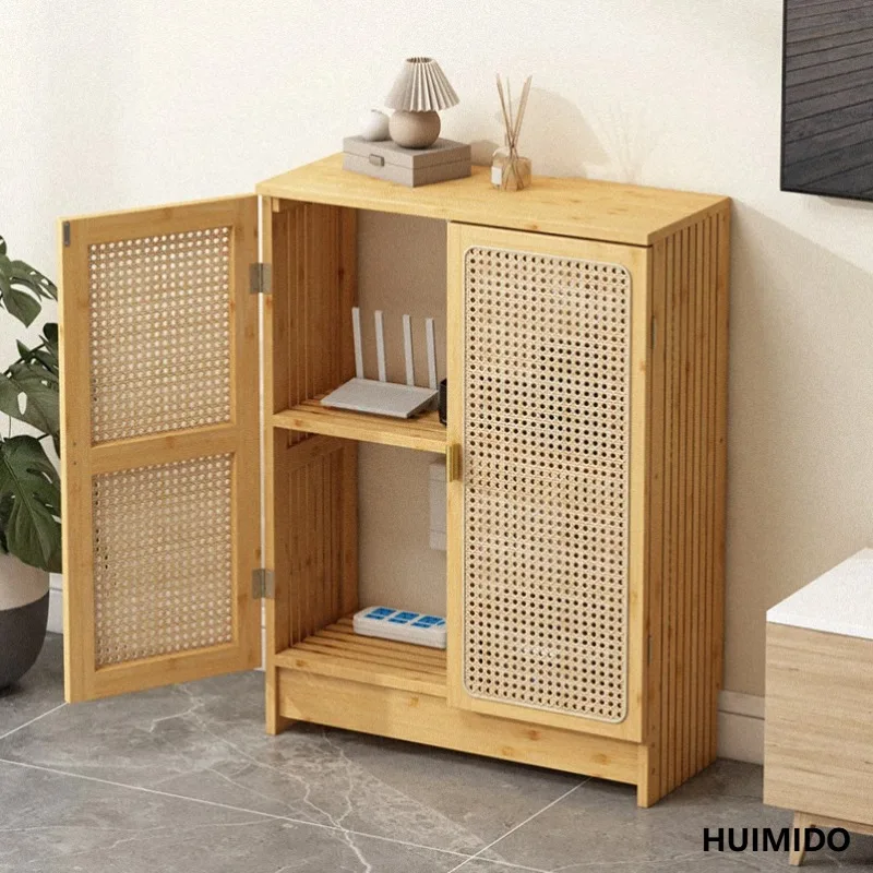 Woven Rattan Floor Router Cabinet Modern Cable Hub with Frame WiFi Organizer for Living Room Double-layered Cable Management