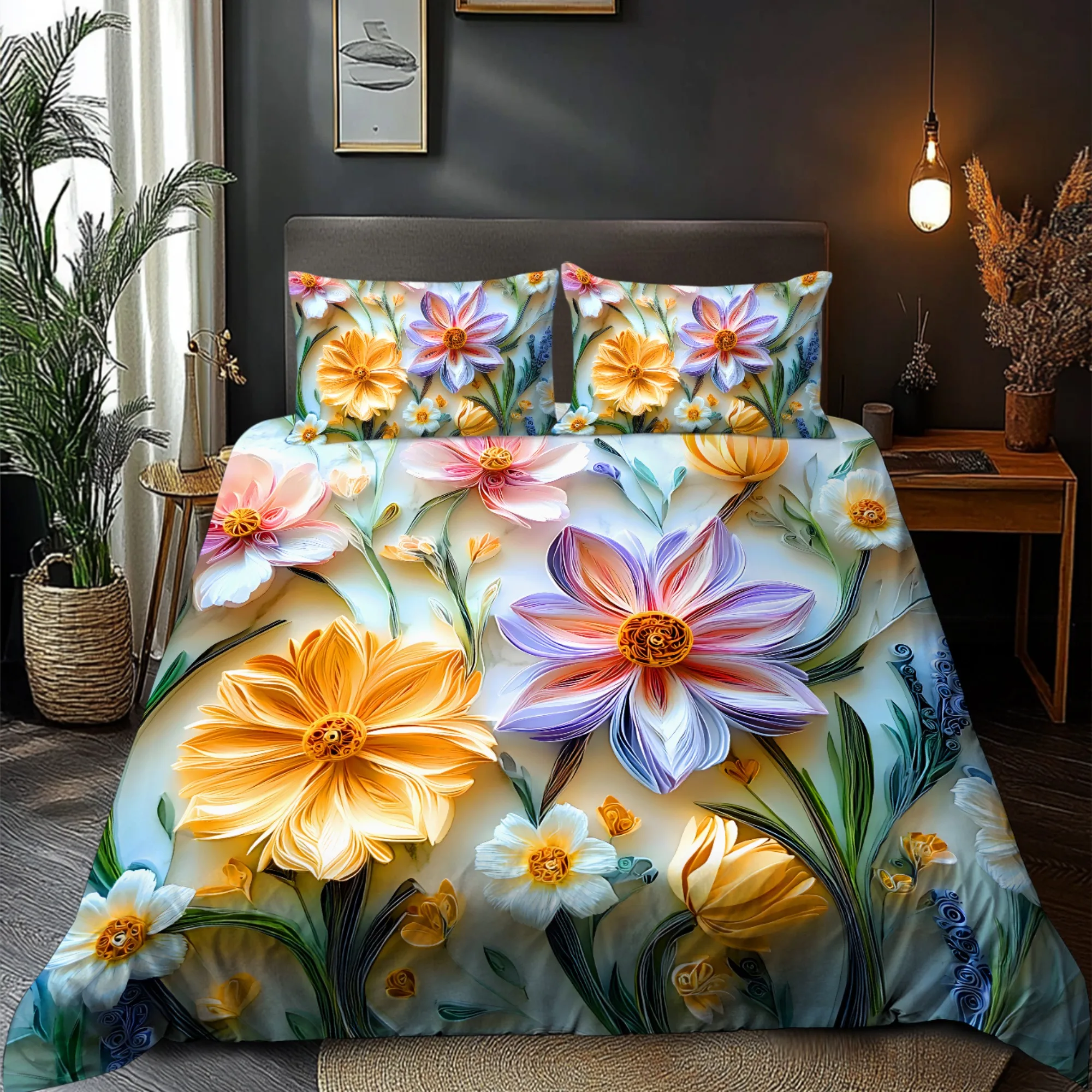 Luxury Light Easy Style 3D Floral Pattern Duvet Cover Set - Brushed Digital Print with Yellow Purple Flowers Plant Design