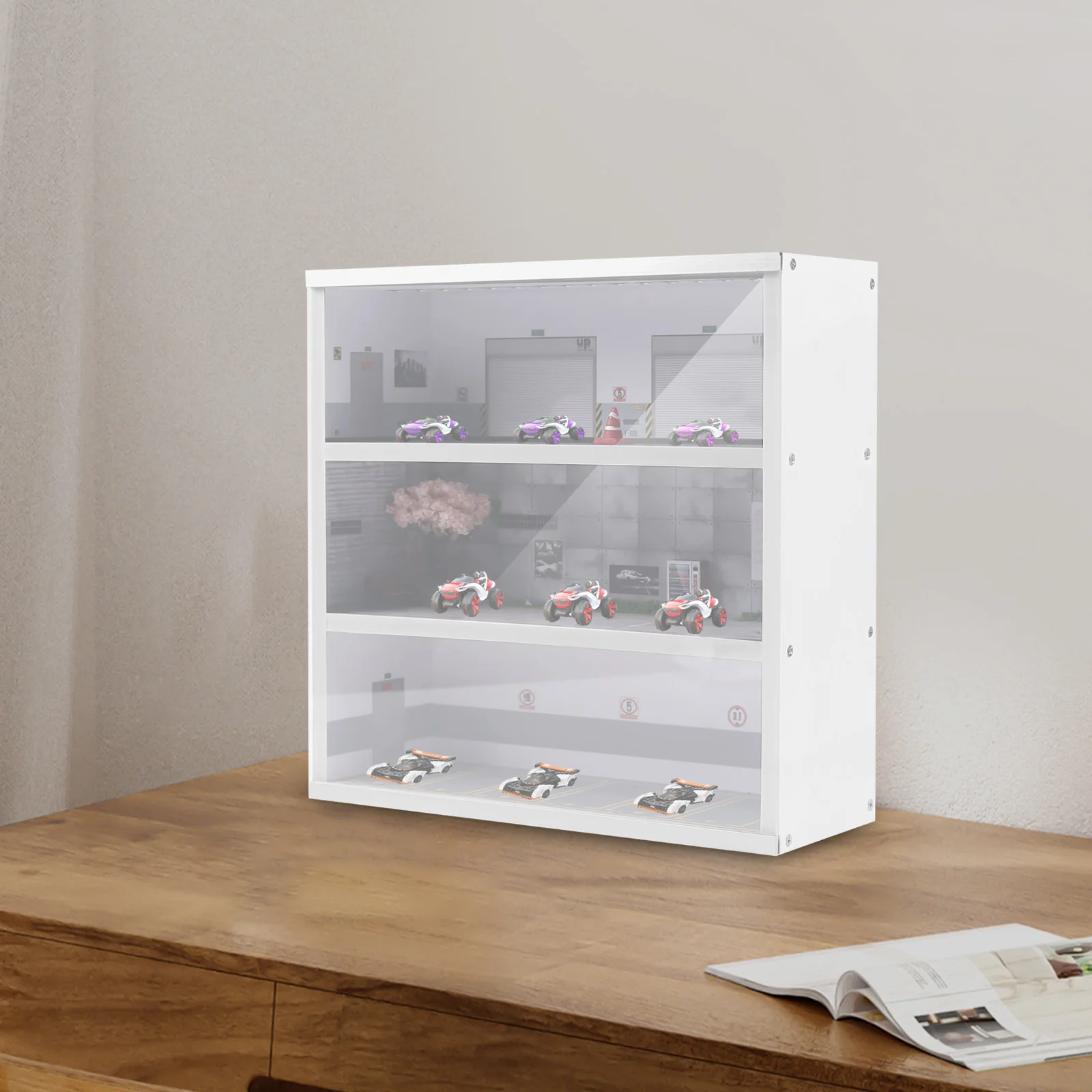 1:64 Simulation Diorama Parking Lot Display Case, 3 Tier 16 Parking Spaces Model Car Display Case with LED Light, Car Parking Lot Model for Diecast Car Collection - view 3