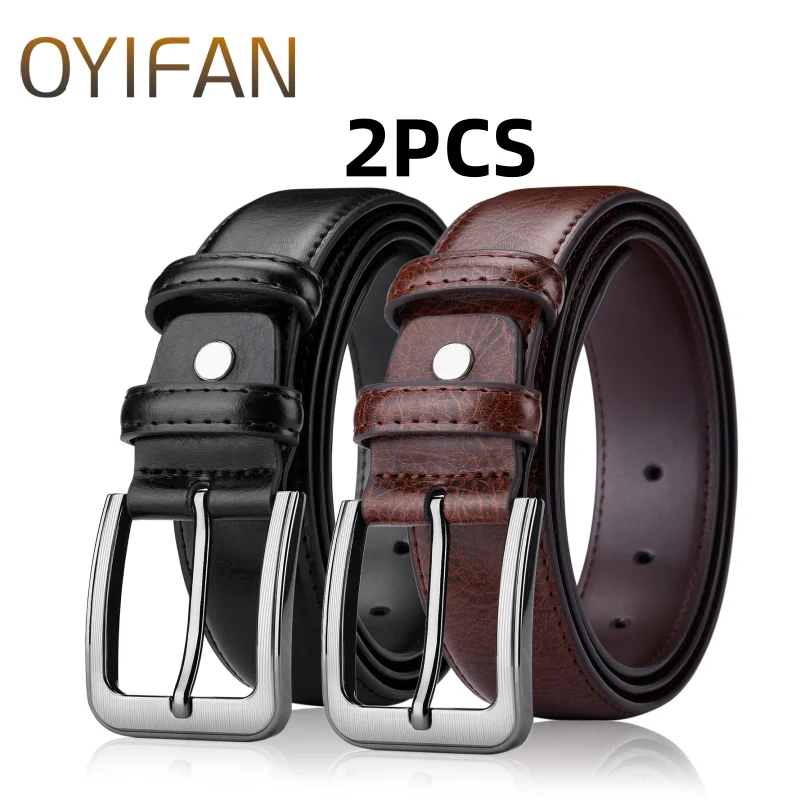 OYIFAN 2 PCS Genuine Leather For Men's High Quality Buckle Jeans Cowskin Casual Belts Business Cowboy Waistband Male Designer