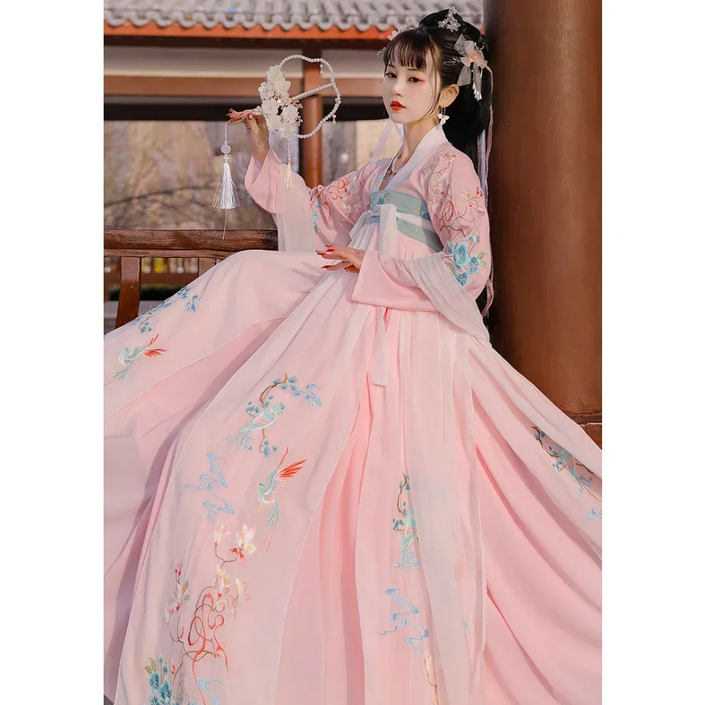 Young Girl Pink Hanfu Dresses Chinese Tang Dynasty Exquisite Embroidery Women's Clothing Orient Princess Cosplay Costume