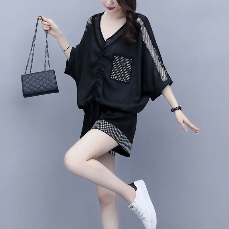 Stylish Casual Loose Matching Sets Gauze Women\'s Clothing V-Neck 2024 Summer Two Piece Set Korean Shirring Drawstring Short Sets