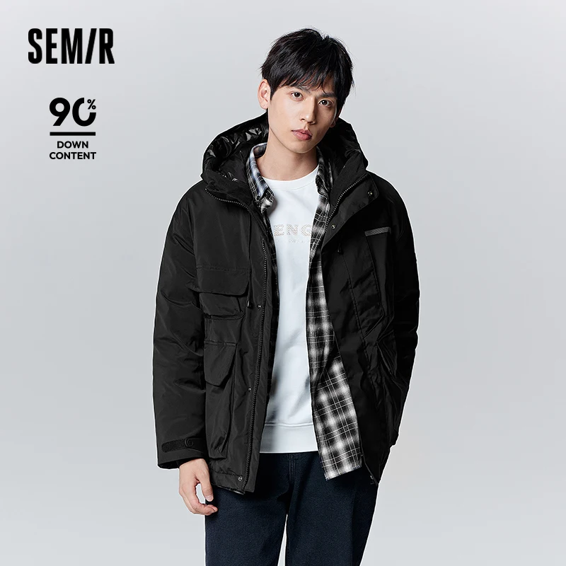 Semir Down Jacket Men Winter Loose Hooded Goose Down Jacket Fashion Spliced Outdoor Versatile Design Sense Workwear Coat