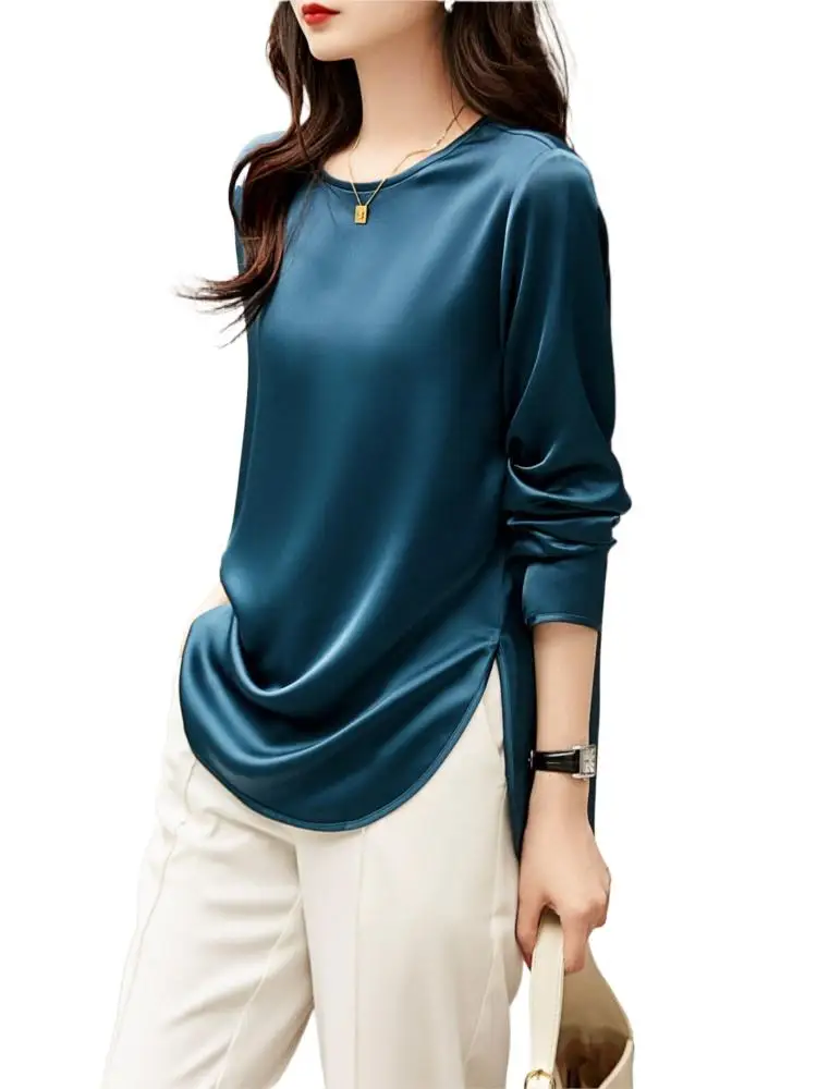 

Office Lady Satin Tops Silk Shirts Spring Female Long Sleeve Blouse Woman Basic Bottoming Autumn O-neck Split Bottom Shirt 6XL