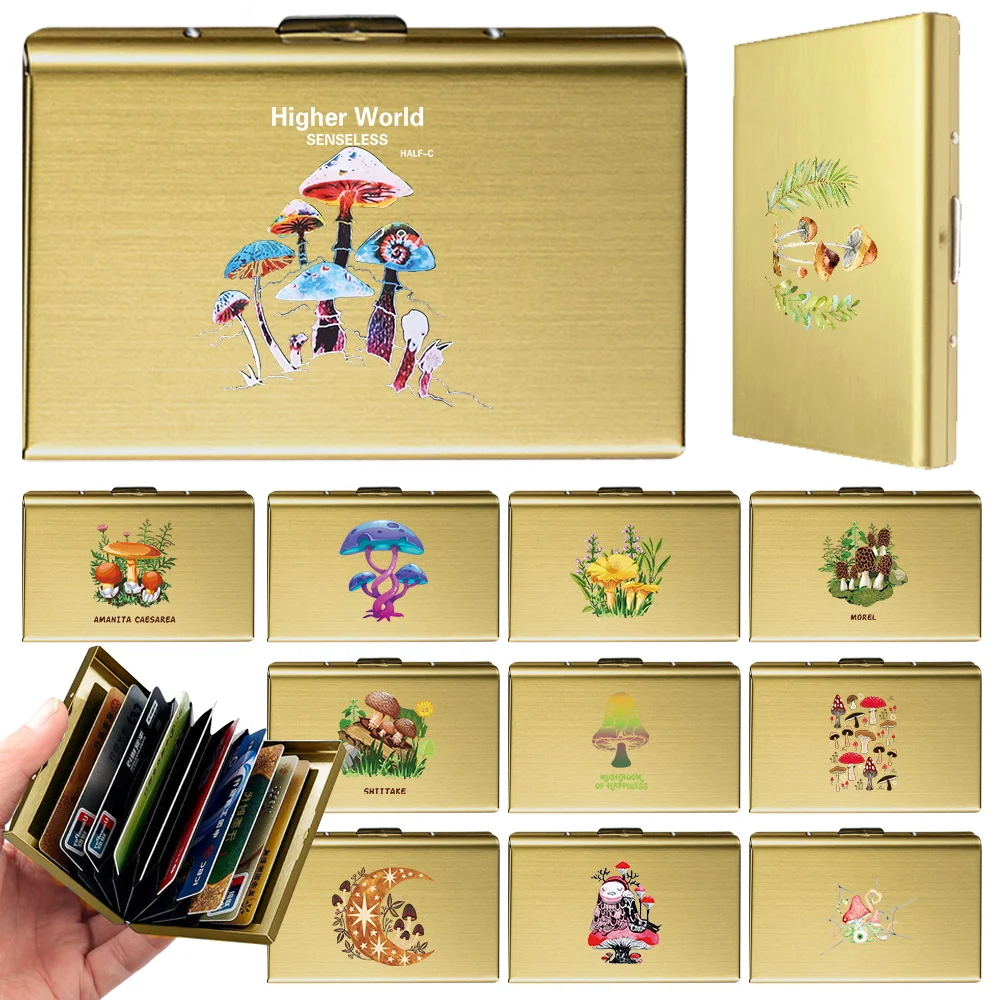 

Men's Fashion Cards Slot Metal Storage Box Ultra Simple Anti Theft Credit Cards Bank Card Holder Mushroom Pattern Series