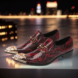 BOARD British Style Mens Metal Pointed Toe Dress Shoes Big Size Genuine Leather Stone Pattern Business Men Oxford Shoes