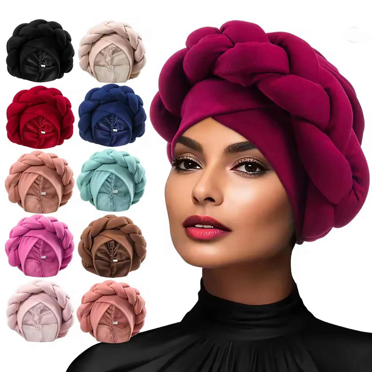 New Exaggerated Braids Turban Cap for Women African Wedding Party Headwear Hats Bonnets Headband Hat Hijab Cap