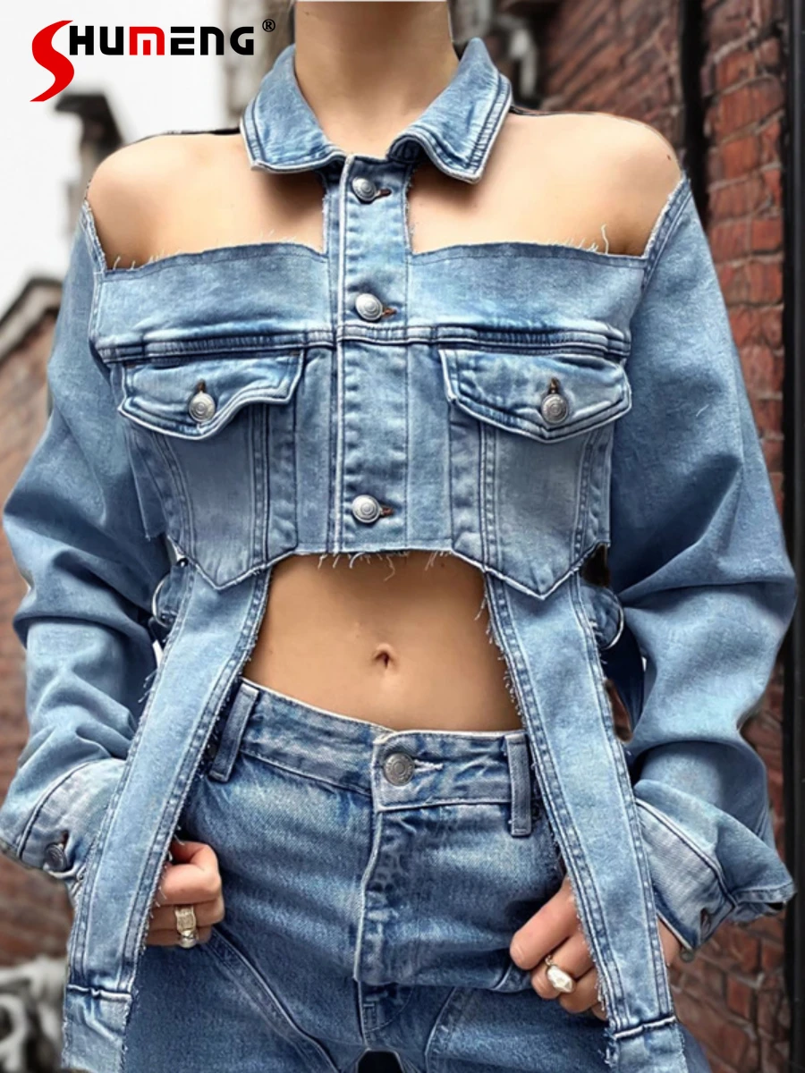 

Fashion 2024 Spring New Denim Coat Personality Trendy Hollow Out Stitching Lapel Sexy Hot Girl Women's Long-Sleeved Denim Jacket