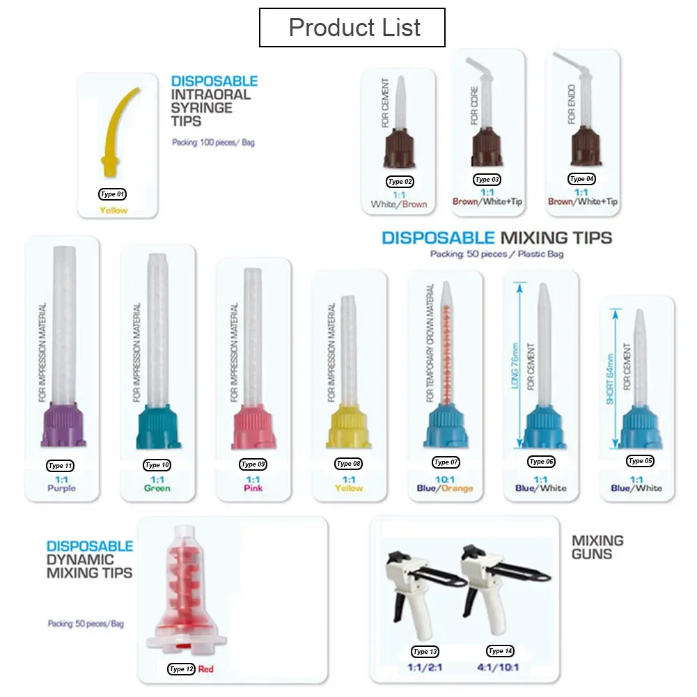 Embouts de distributeur de matériel d'impression dentaire au poulet, Embouts Assad, Buse jaune courte, Tête de tube de connexion, Laboratoire dentaire, 1:1, 50 pièces, 200 pièces