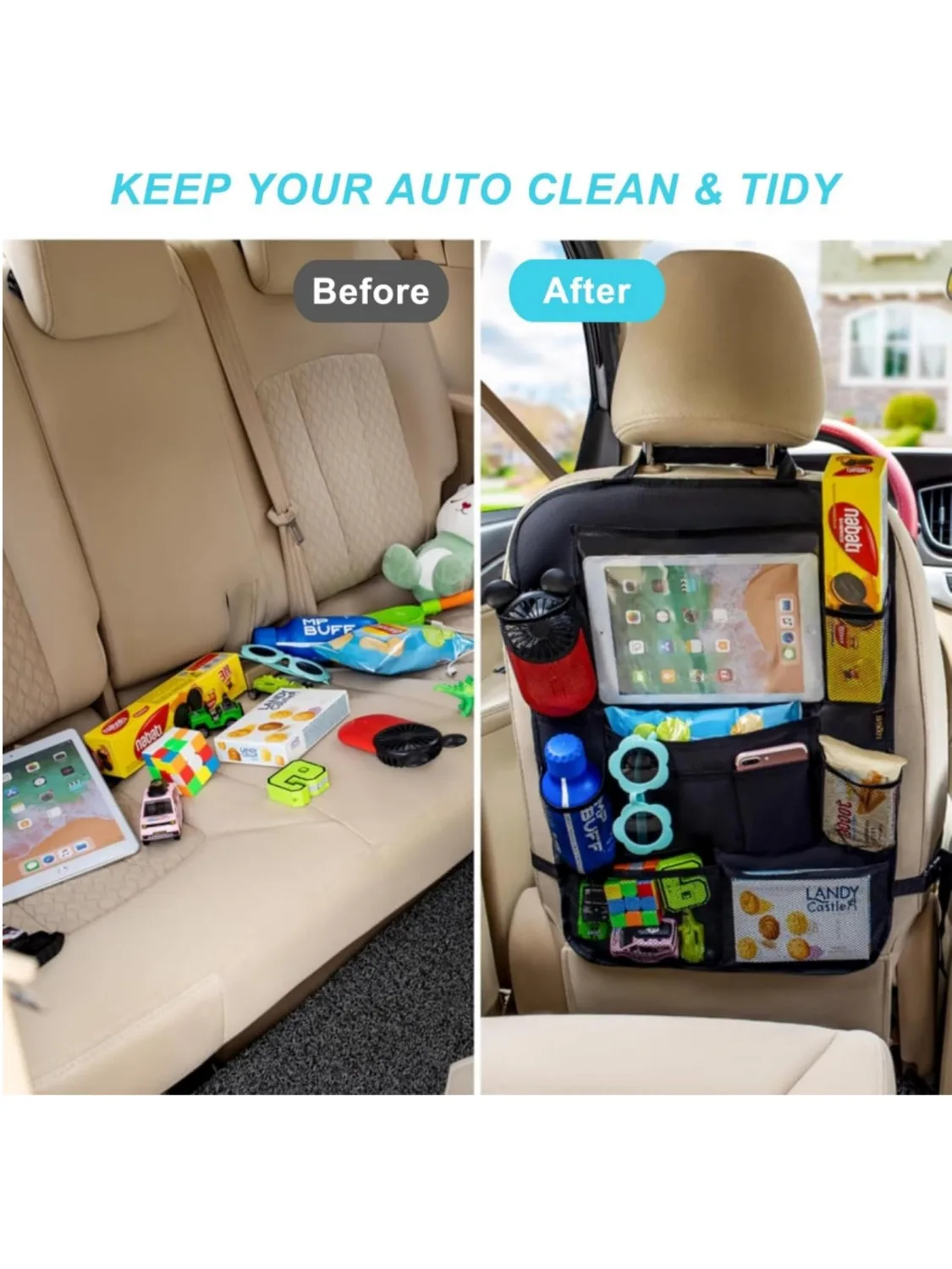 Sac de rangement universel pour voiture et organisateur de siège arrière avec support de tablette, filet de coffre, fixateur d'extincteur, organisateur de protection de siège pour voiture