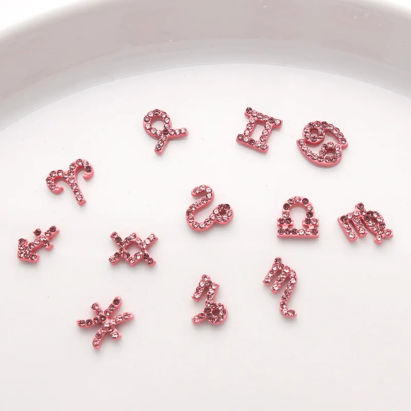 10pcs New Pink Twelve Constellations with Ring less Diamond Embedding Alloy Jewelry Unique Design Element 3D Fingertip Nail Art