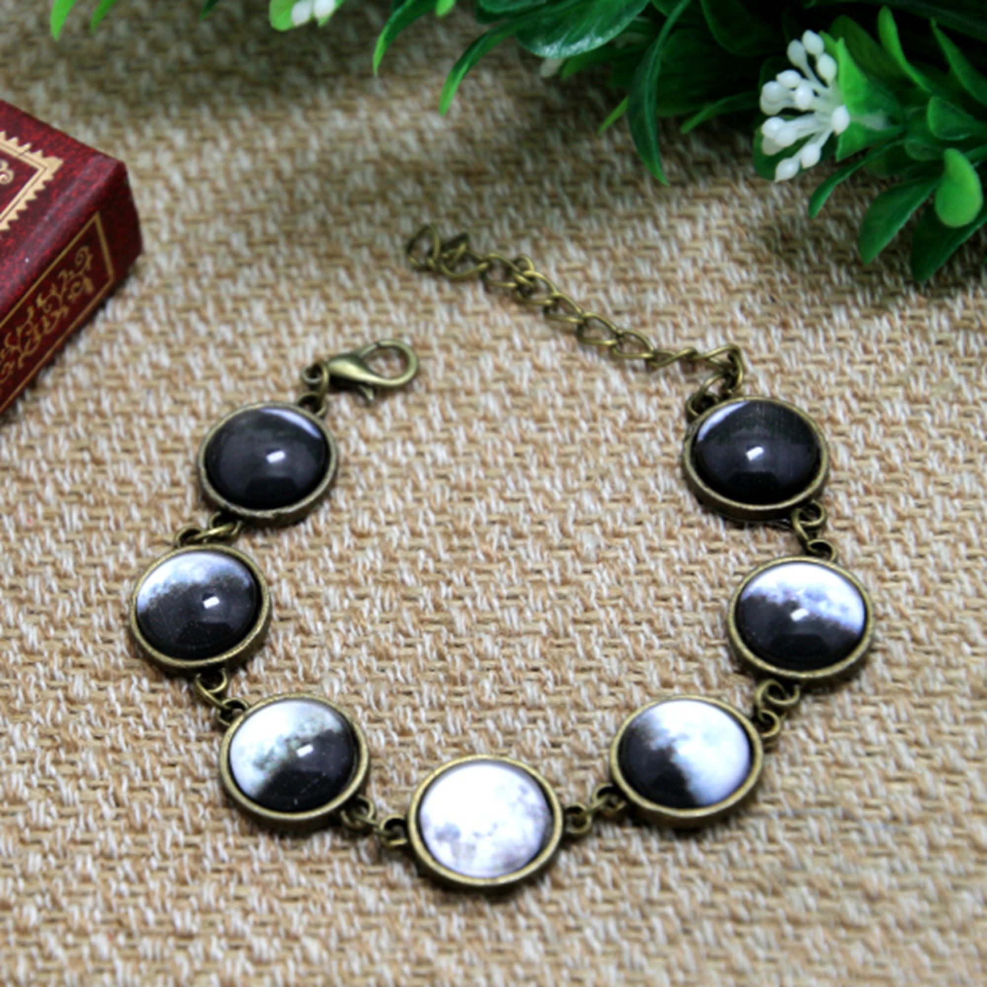 Moon Phase Bracelet  Planet Space Universe Glass Dome Silver Galaxy Cabochon Jewelry Lunar