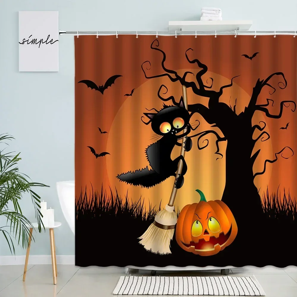 Horror Halloween Shower Curtain Set Mystic Red Sky Branches Full Moon Night Landscape Bath Curtains holiday Cloth Bathroom Decor