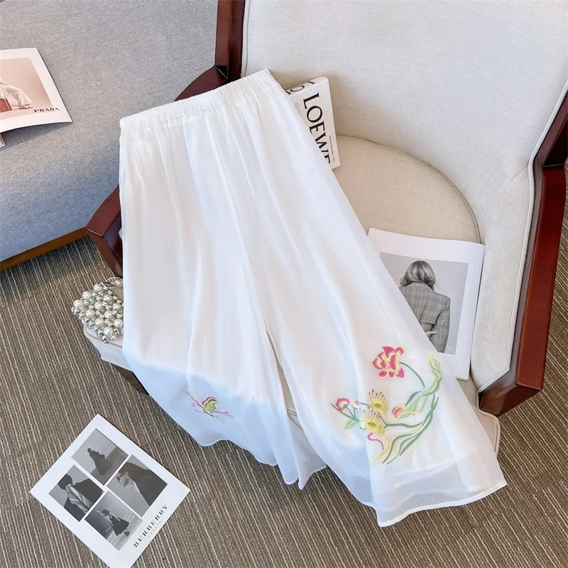 Summer Double Chiffon Skirt Pants Embroidery High Waist Wide Leg Pants Casual Yoga Trousers For Chinese Style Women\'s Clothing
