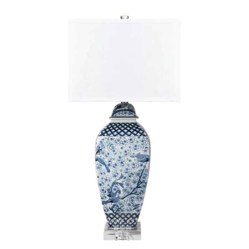 New Chinese bedroom bedside hand-painted blue and white porcelain desk lamp living room ceramic creative desk lamp