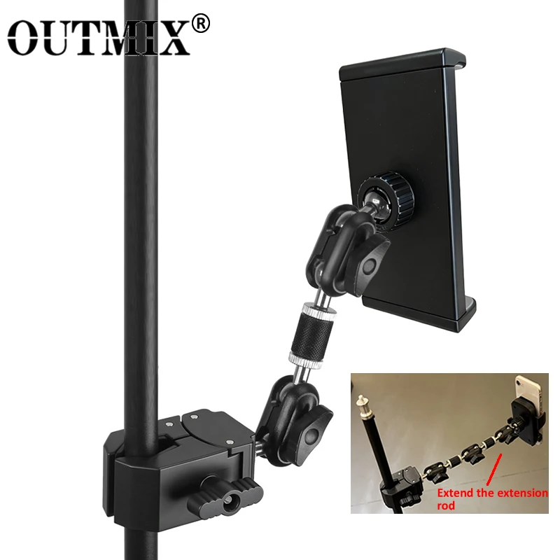 

OUTMIX 4.7"-13" Tablet and Phone Holder for Microphone Stand with 360-Degree Rotable Swivel Mount for Music Sheet/Live Streaming