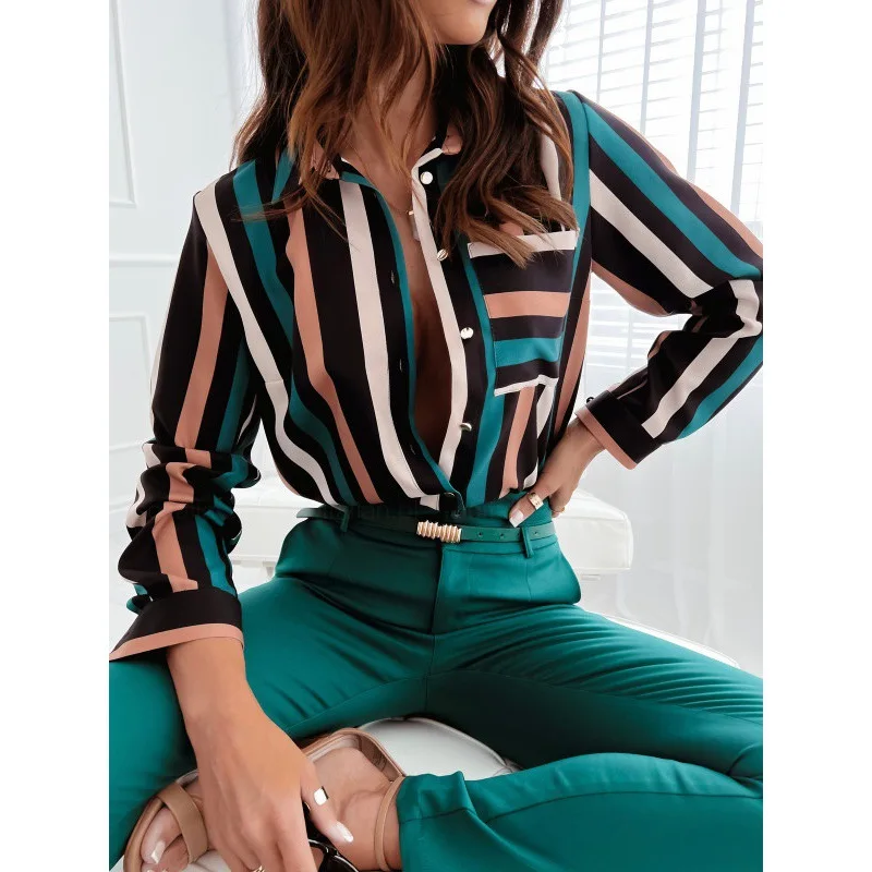 2023 Autumn Women's New Fashion Loose Print Deep V Polo Collar Long Sleeve Multi Color Versatile Comfortable Casual Shirt