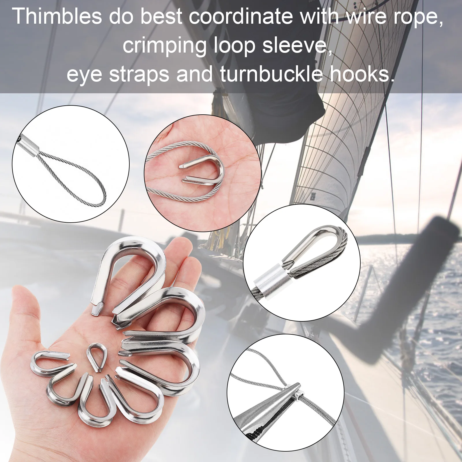 50pcs Stainless Steel M3 Wire Rope Thimble Rigging Clamp Set for 1/8 Inches Diameter Wire Rope Cable Thimbles Ring Clamp Kit