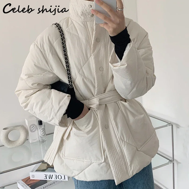 New Winter Khaki Coat Women Turtleneck Thicken Argyle Bomber Jacket Woman Korean Fashion Chic Pocket Autumn Chaketas Mujer