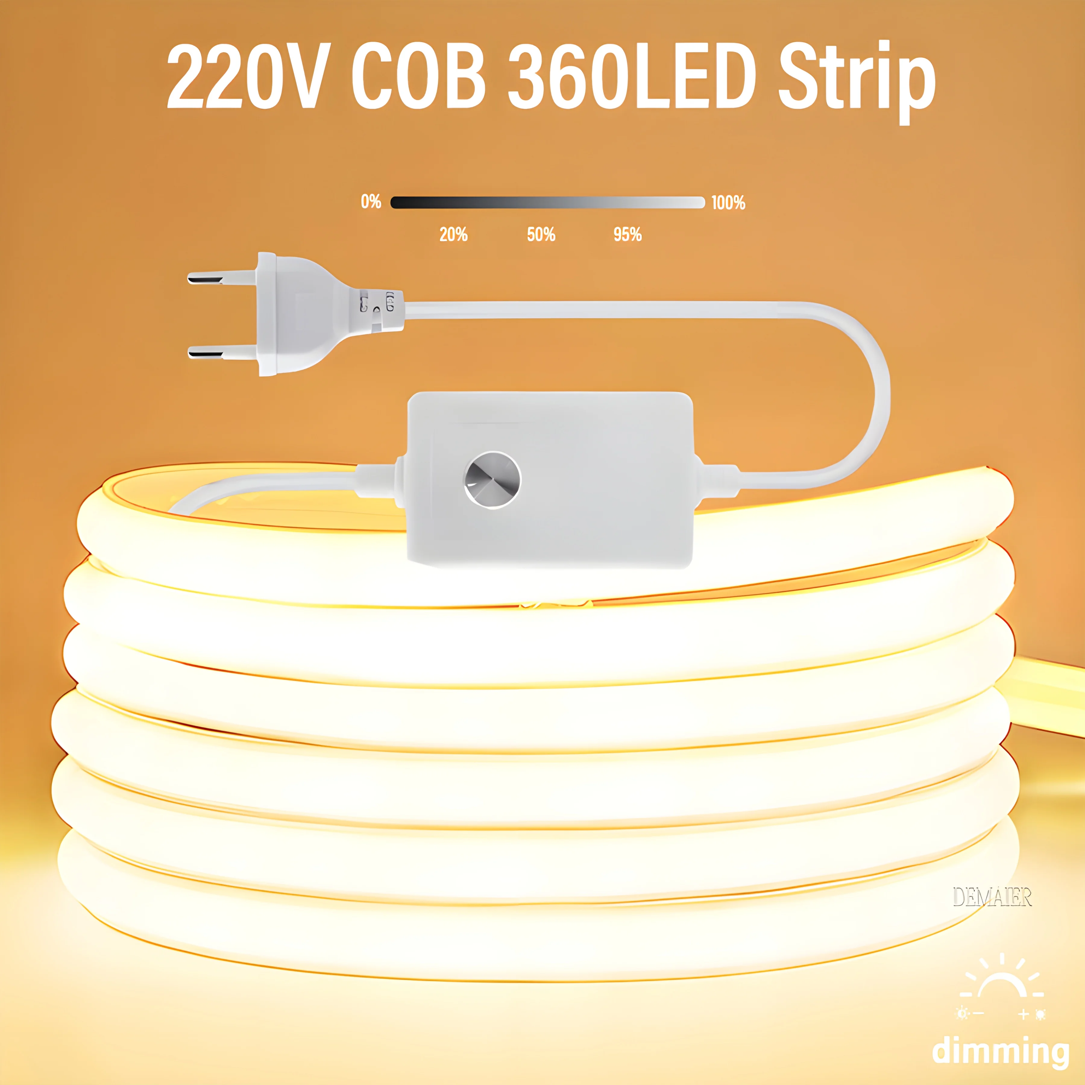 

COB LED Strip 220V Waterproof Outdoor lights 110V dimming plug 360Leds/M RA90 High light 3000K 4000K 6000K Ribbon warm white