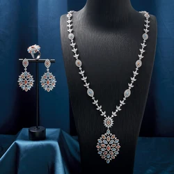 IN JEWELIFE Trendy Turquoise Zircon Long Necklace Earring Ring Jewelry Sets for Women Party Luxury Wed Jewellery Accessories