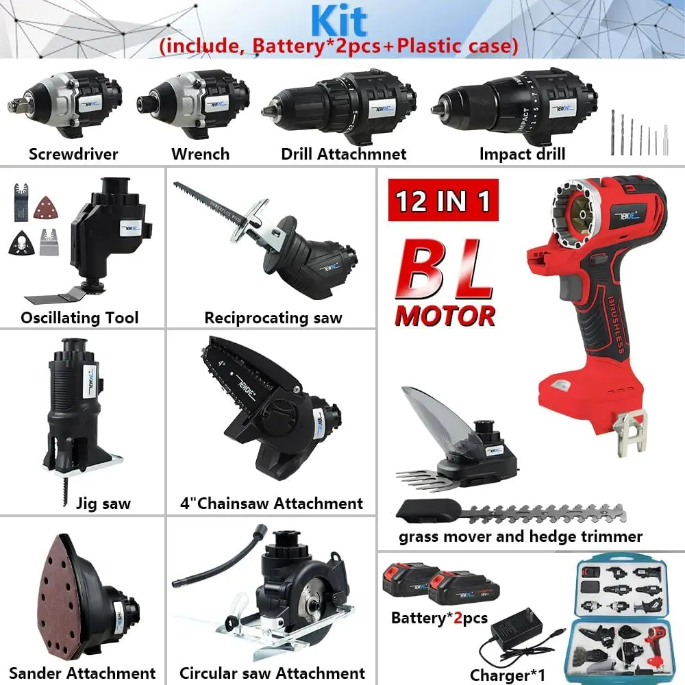 12-Tool Set 18V MAX MATRIX Drill Power Tool Combo Kit Cordless Tool Set 2x2.0Ah Batteries and 1 Charger(Black Red)