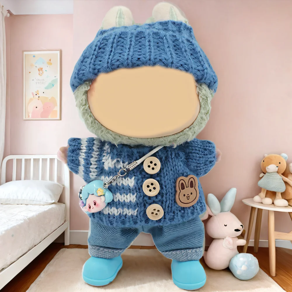 

For Labubu 17cm Doll Clothing Accessories Cute Knitwear Knitwear Hat Jeans Fashion Bag Shoe Set Doll Dress Up Children's Gift