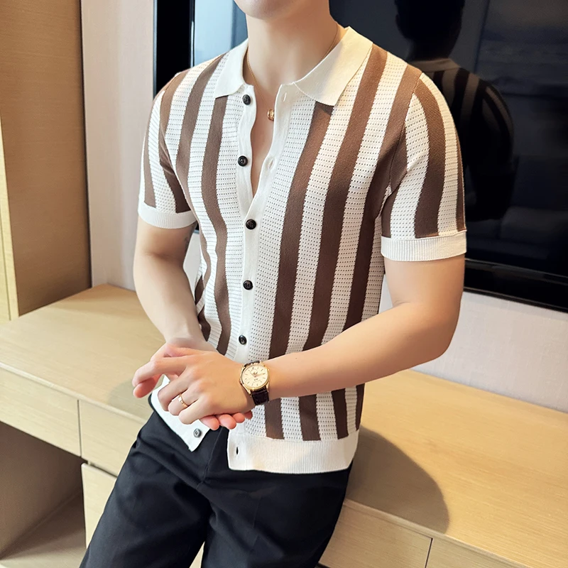 Men\'s Polo Shirts with Striped Short Sleeves Male Slim Fit Stripe Lapel Knitting Polo Shirts Man Leisure Tops 4XL-M