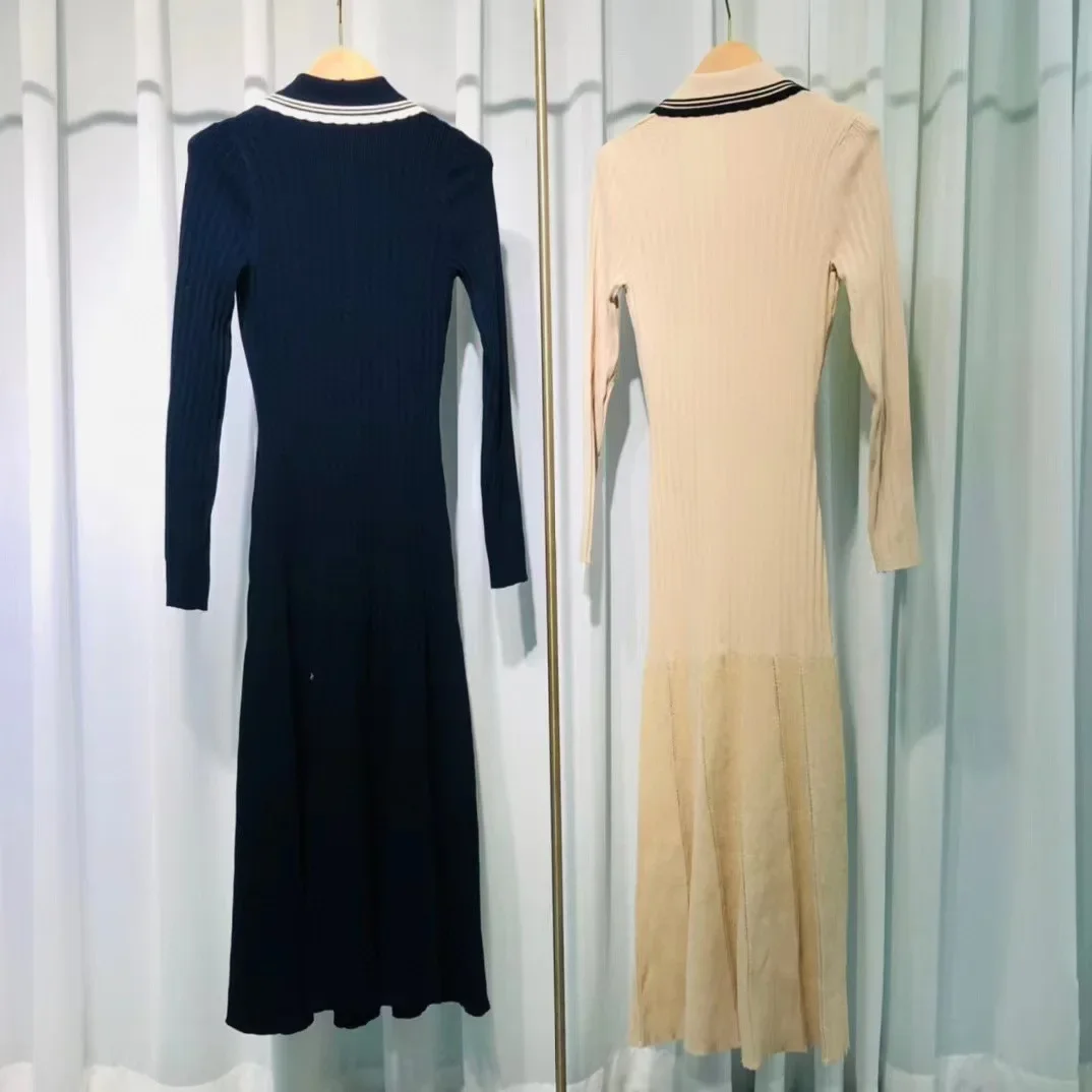 

Women Knitted Midi Dress Contrast Color Turn-Down Collar Single Breasted Long Sleeve Slim Robe