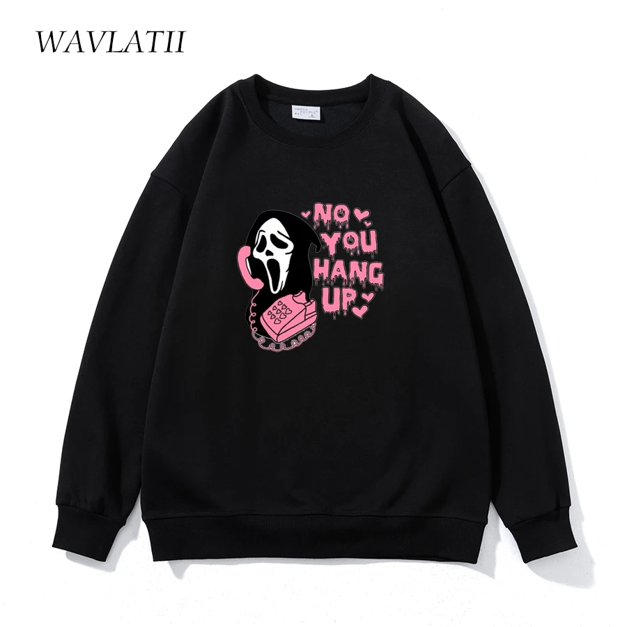 

WAVLATII New Women Pullovers Sweatshirts Female Black Casual Hoodies Lady Cool Printed Long Sleeve Tops for Spring Autumn WH2357