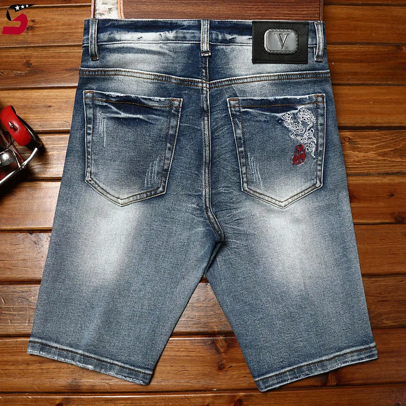 Chinese Style Embroidery Denim Shorts Men's Street Fashion and Handsome Trendy Retro High-End Stretch Slim-Fitting Biker Shorts