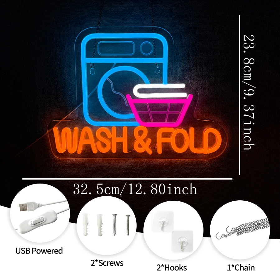 Wash & Fold Led Neon Sign, Wall Decor Of Laundry Room, Usb Powered, Business Sign Wall Lamp Of Family Bathroom And Laundromat.