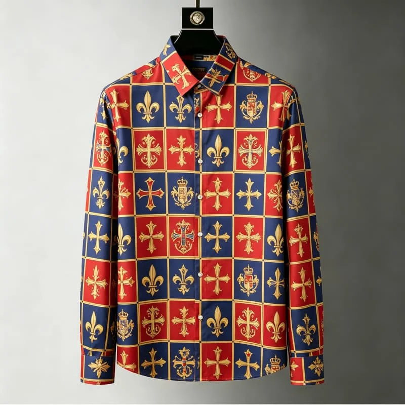Emblem checkerboard printed long sleeved shirt, suitable for daily wear, spring travel, and fresh vacation style