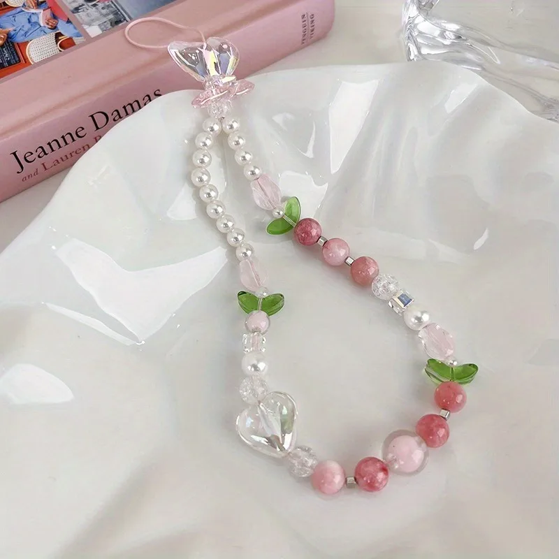 Pfirsichfarbene Perlen-Handy-Charm-Riemenkette, süßer Mädchenschmuck für Frauen, Perlen-Handy-Blumen-Lanyard für iPhone-Schlüsselanhänger