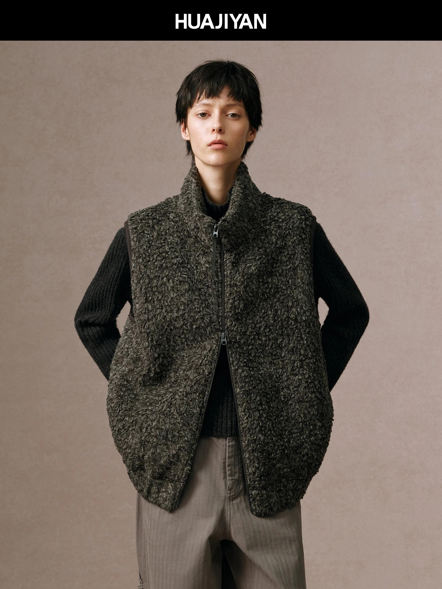 

Высокий воротник, шерсть, верблюжья смесь волос, жилет Fce Sensation, топ, свободный крой, женская модная верхняя одежда